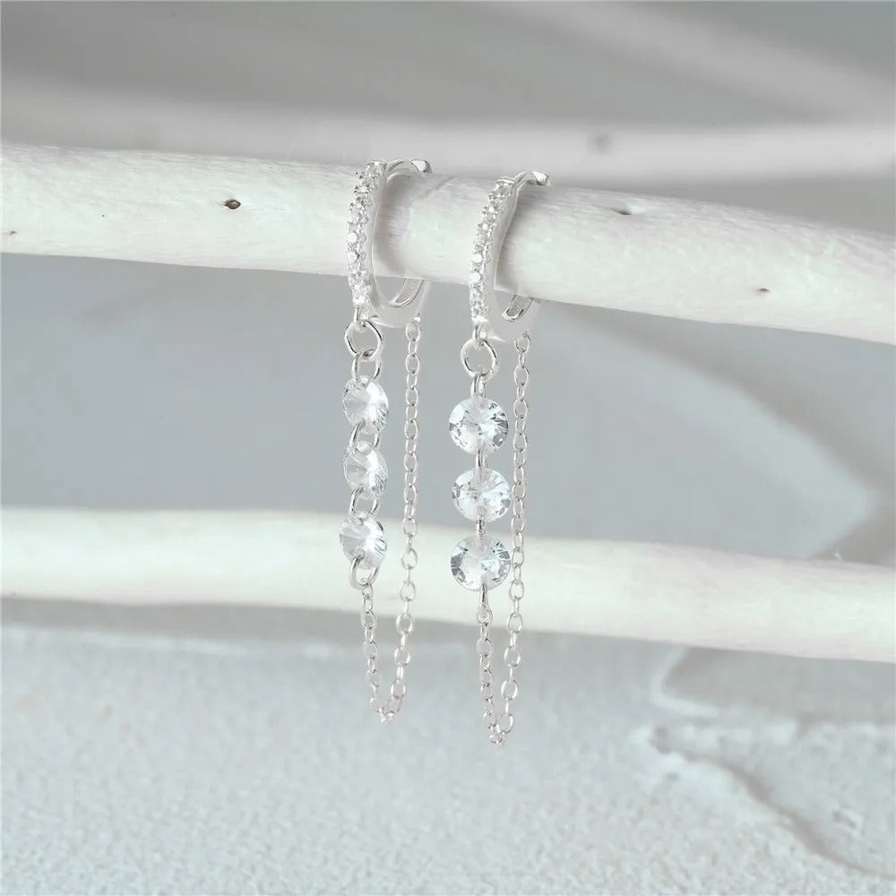 Gold Hoop Buckle Earrings with 3 Zircons 925 Silver for Women