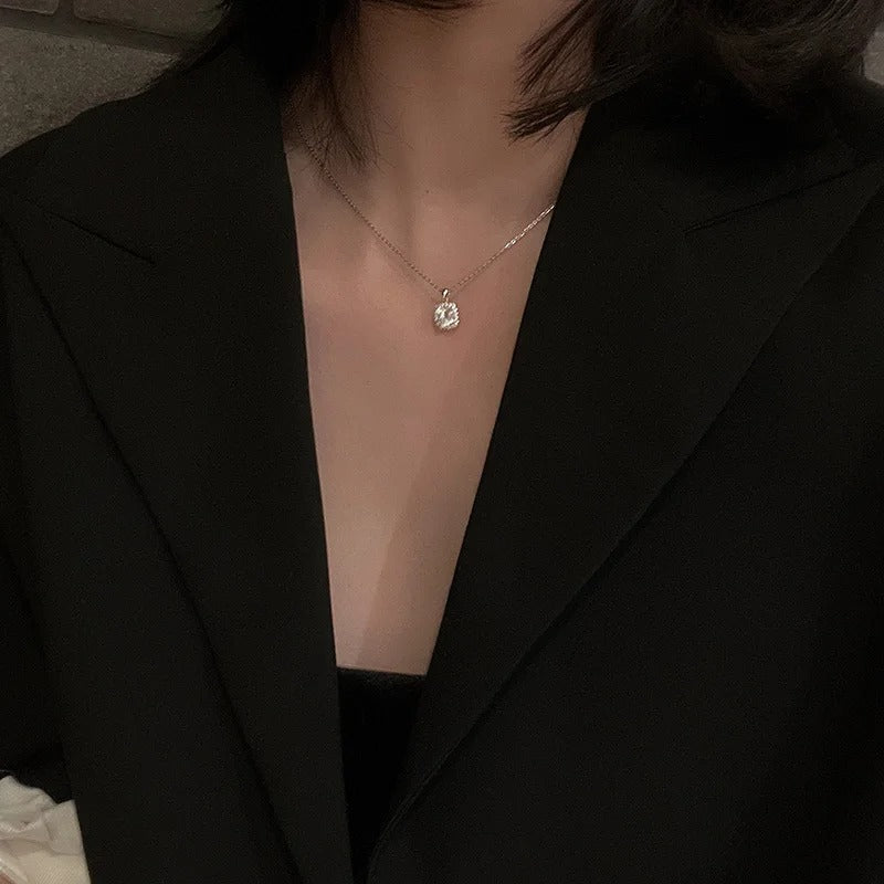 925 Sterling Silver Square Necklace Shiny Zircon Geometric Shape Pendant Simple Charm Women Choker Day Gift Fine Jewelry