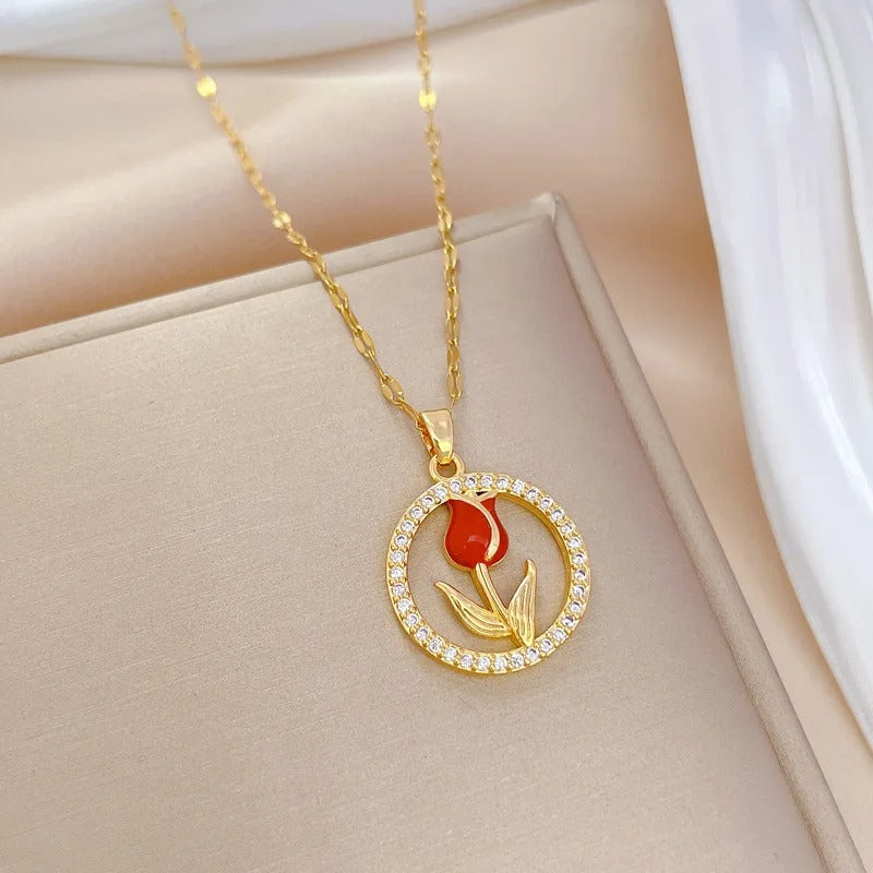 Charming and Elegant Tulip and Rose Pendant Necklace with Hollow Circle Design