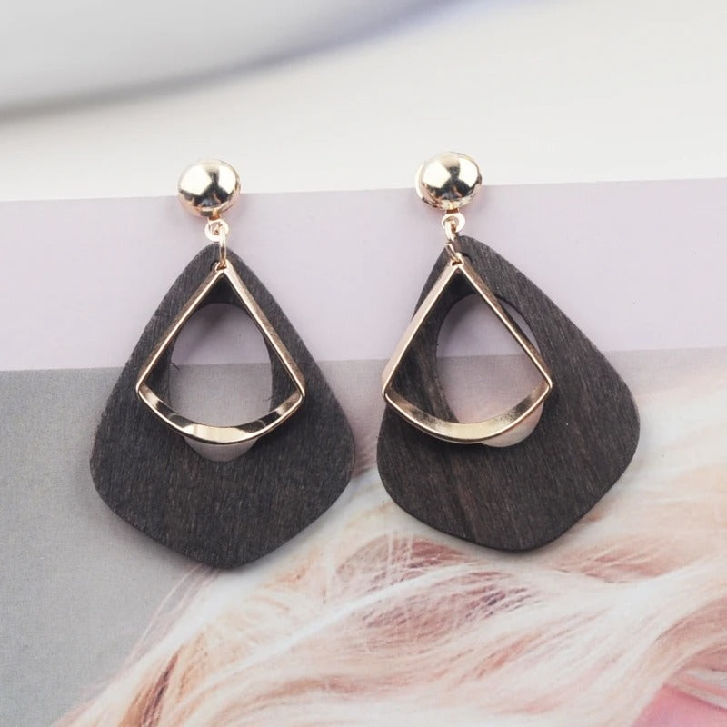 Trendy New Wooden Water Drop Hanging Earrings for Women Gold Color Metal Female Drop Earrings