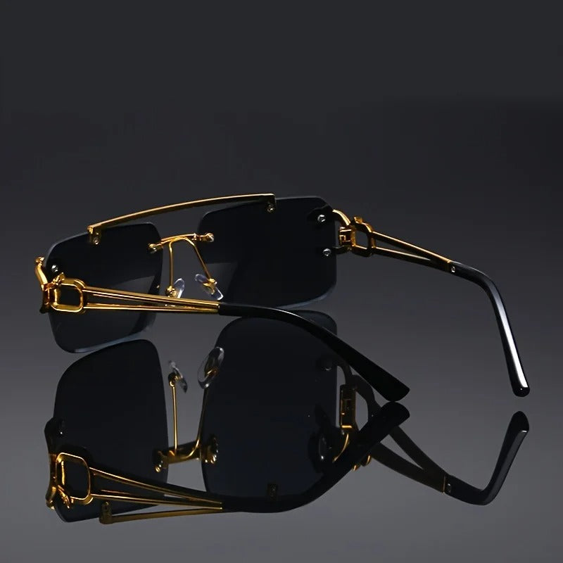 Vintage Luxury Golden Frameless Sunglasses Cool Tiger Stand Detail Unisex Anti Glare Travel Eyewear