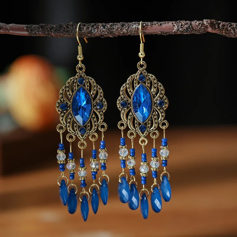 Ethnic Boho Crystal Tassel Drop Earrings Handmade for Women