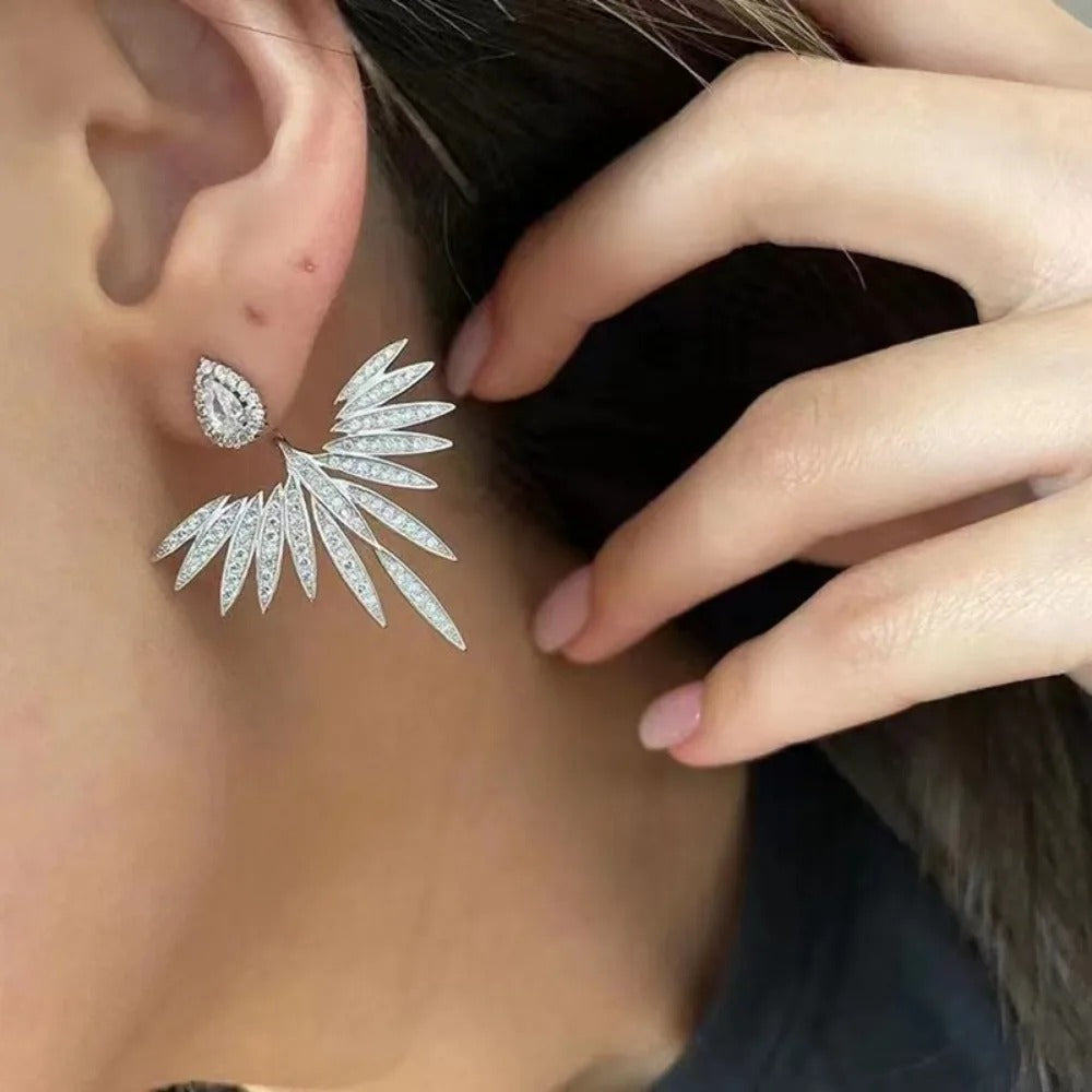 Feather Crystal Wing Stud Earrings Silver Party Jewelry for Women