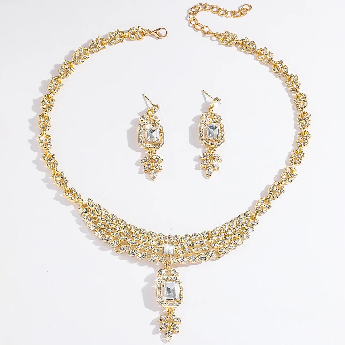 3PC Women's Fashion Geometric Square Leaf Necklace Earrings Jewelry Set, Suitable for Wedding and Festival Gifts