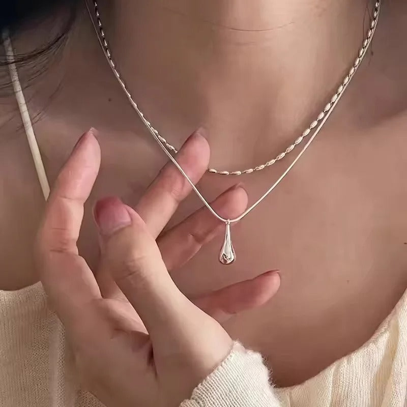 Charm Double Layer Water Drop Pendant Necklace Jewelry for Women Cute Cool Silver Color Clavicle Chain Jewelry