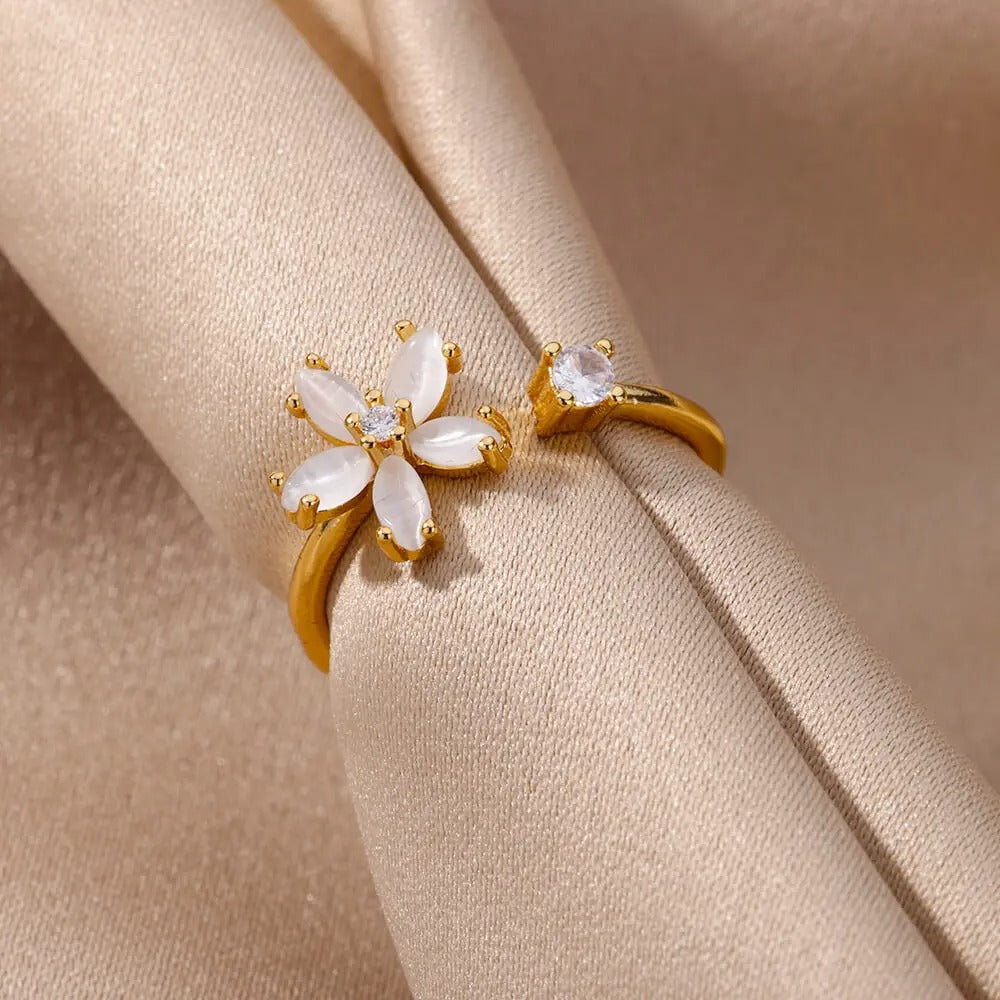 Opal Flower Rings For Women Cubic Zirconia Openning Stainless Steel Flower Ring Wedding Floral Aesthetic Jewelry anillos mujer
