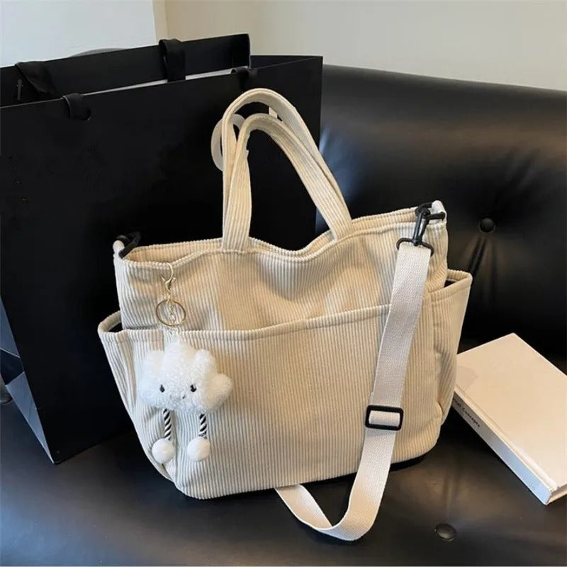 Corduroy Tote Bag with Zipper for Women