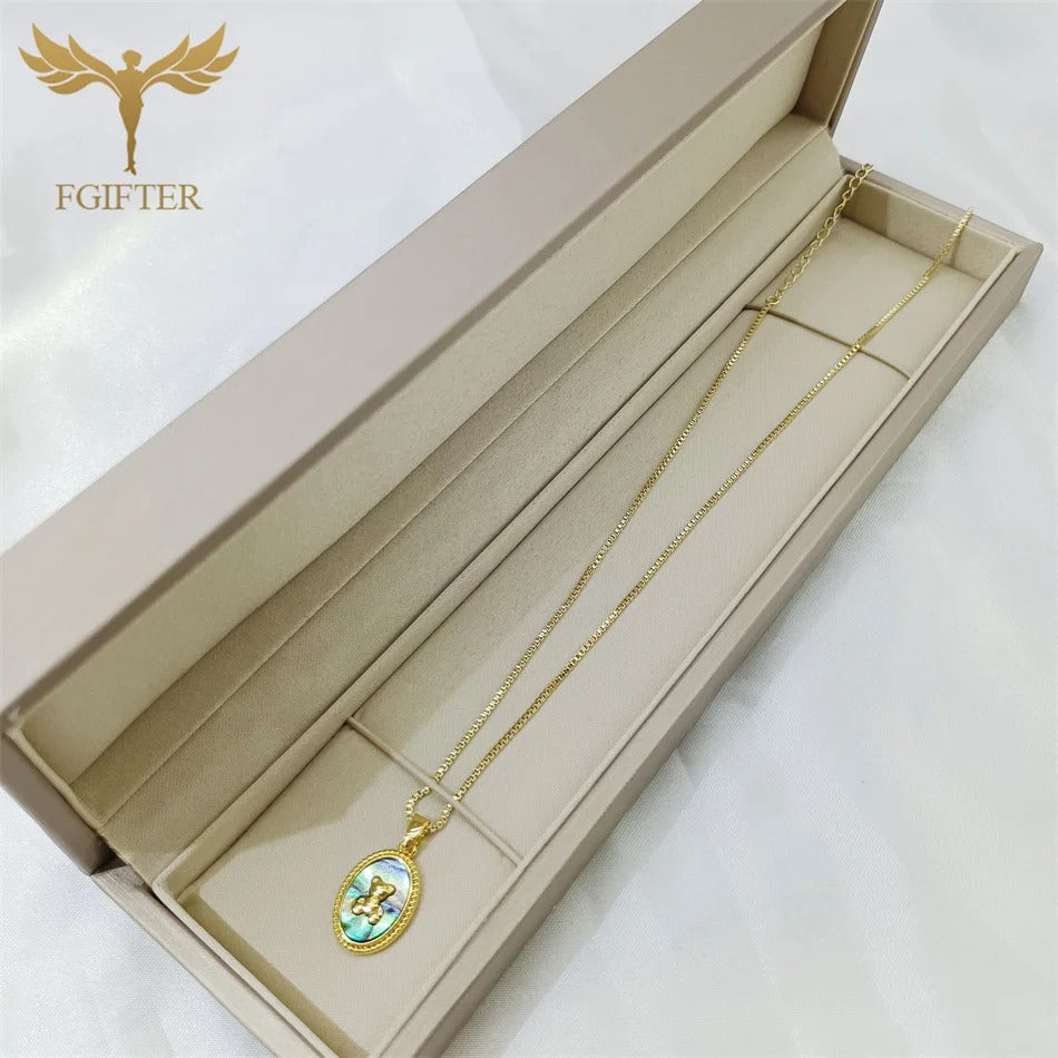 Cute Little Bear Natural Abalone Shell Oval Dangle Necklace Stainless Steel Copper Chain Temperament Jewelry Vacation Party Gift