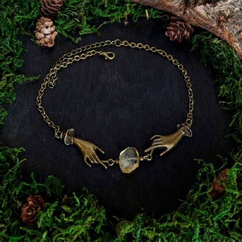 Witchy Chain Choker Hands Necklace Jewelry Magical Bronze Hands Yellow Druzy Citrine Stone Fashion Women Gift Pendant Statement