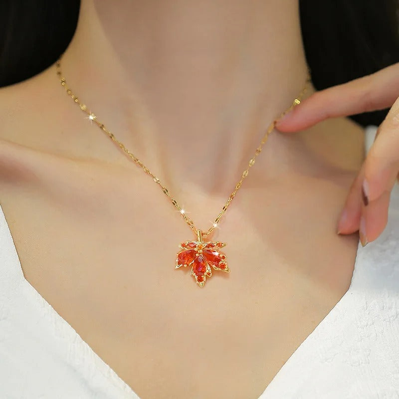 316L Stainless Steel Red Maple Leaf Crystal Pendant Necklace For Women Girl New Trend Clavicle Chain Jewelry Gift Party