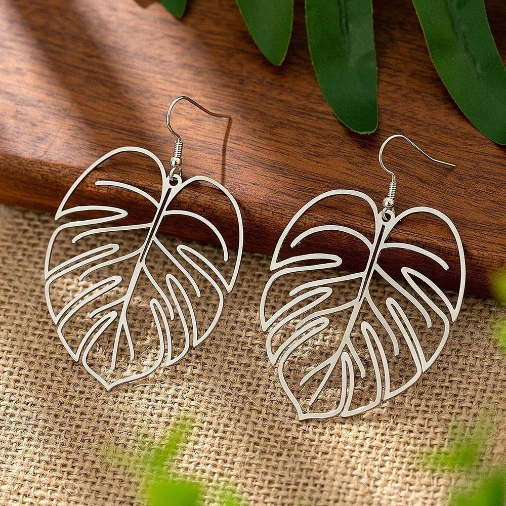 Stainless Steel  Hollow Exaggerated Leaf Dangle Drop Earring For Women Lady Geometric Female Jewelry