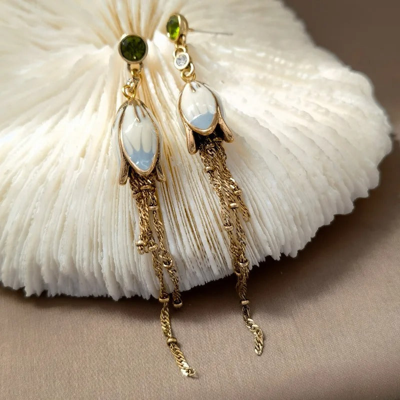 Trendy Jewelry Green Glass Pretty Lotus Long Chain Dangle Earrings For Women Girl Party Wedding Gift 2023 New