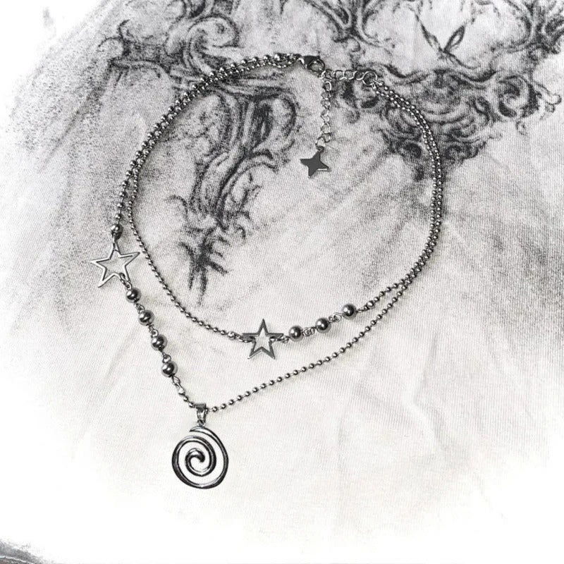 Stainless Steel Spiral Pendant Necklace, Layered Choker Star Charm Necklace, Grunge Y2K Cyber Fairycore Jewelry, Subversive Archive Alt Fashion Gift