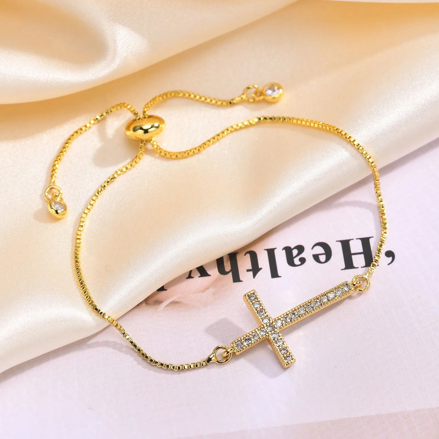 Full CZ Stones Cross Bracelets for Women Teens, Gold Color Slim Box Link Chain Bracelets Wristband,Religion Faith Accessory