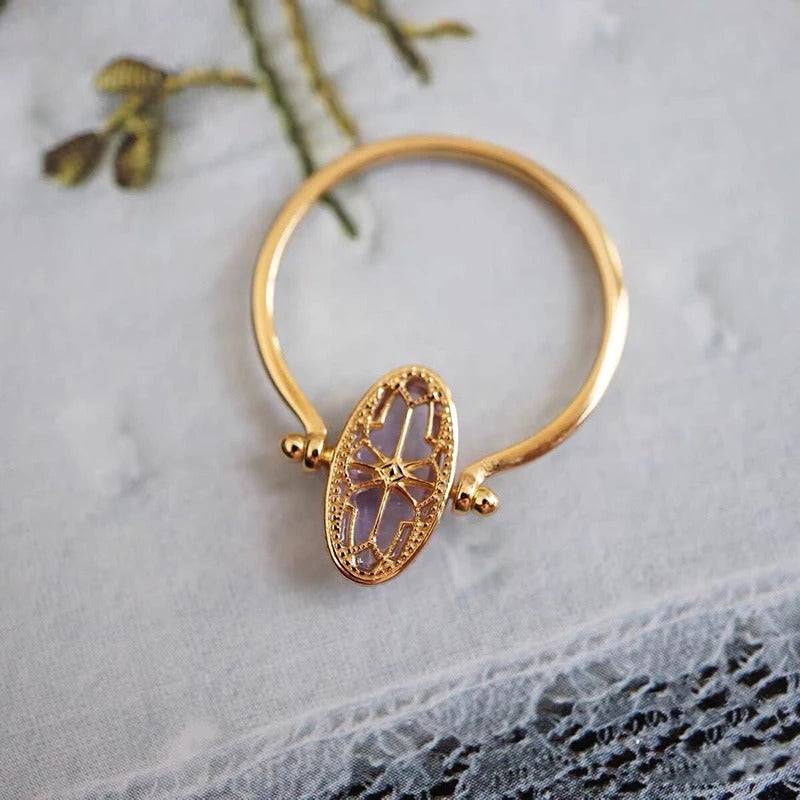 Three-dimensional craft silver inlaid amethyst oval flip hollow adjustable ring sweet dream ladies jewelry wedding accessories