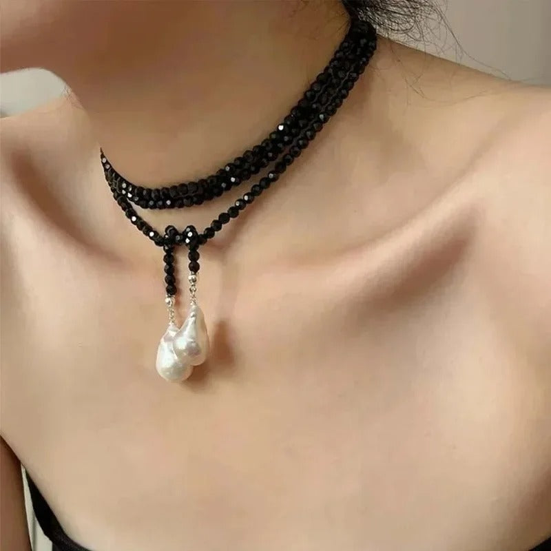 Irregular Baroque Pearl Pendant Necklace for Women Vintage Green Black Crystal Bead Long Necklace Neck Chain Jewelry