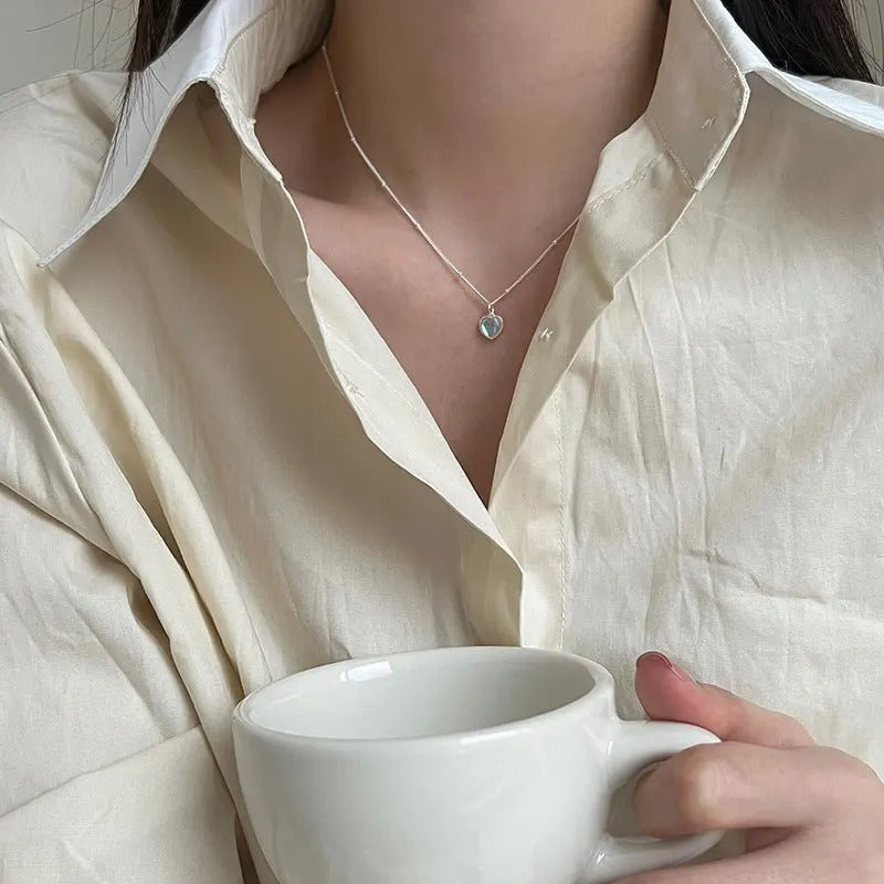 Heart Moonstone Necklace For Women Silver Color Gradient Gemstones Pendant Necklace Bead Chain Necklace Fashion Jewerly Gift