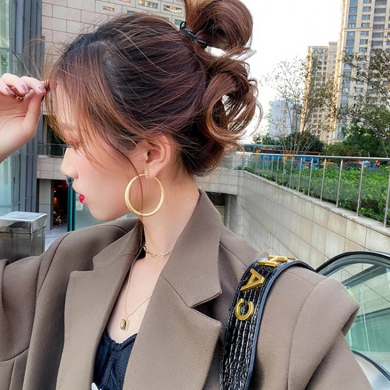 Matte Gold Big Hoop Earrings Round Circle Women Retro Jewelry