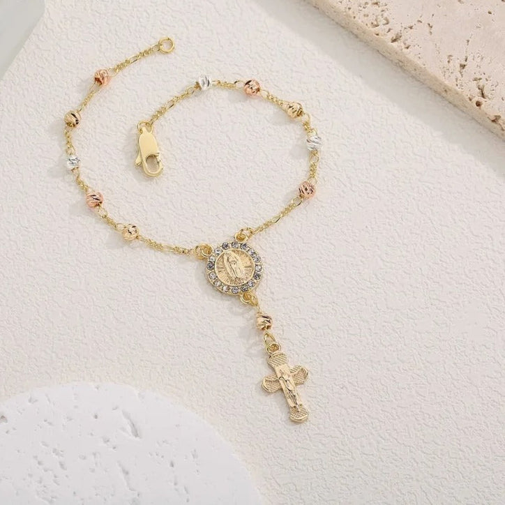 Virgin Mary Rosary Bead Cross Bracelet for Women Tri-color Style Bracelet for Women Fashion Bangle Jewelry