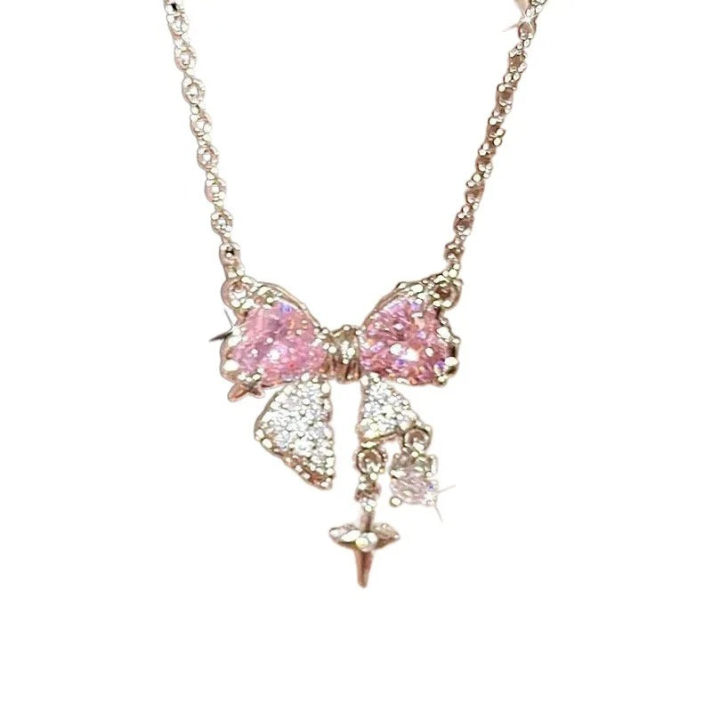 Sweet Pink Bow Necklace Ladies Fashion Sparkling Rhinestone Star Shape Pendant  Chain Delicate Wedding Accesories