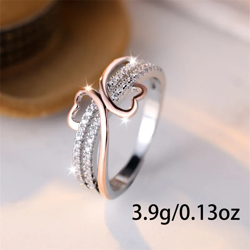 Two-Tone Rose Gold & Silver Double Heart Ring for Women