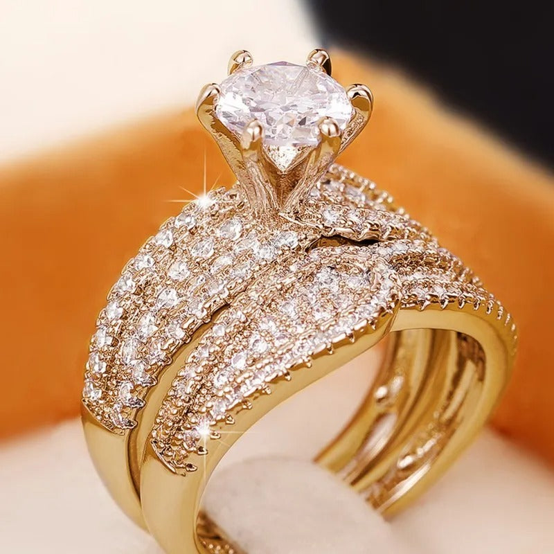 Huitan Bridal Sets Rings with Sparkling Cubic Zircon Luxury Trendy Wedding Engagement 2Pcs Rings for Women Eternity Love Jewelry