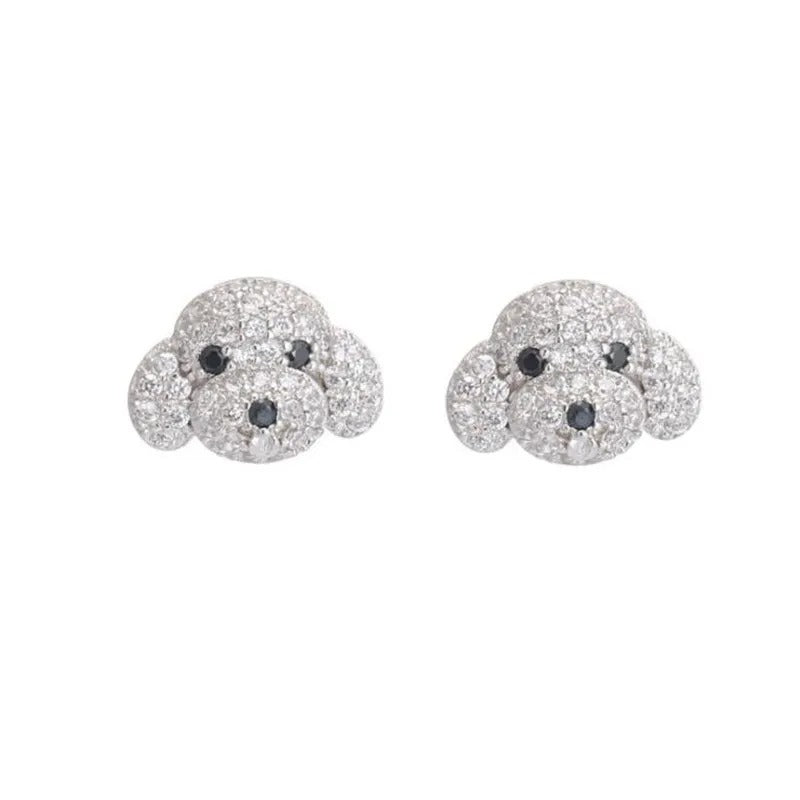 New Full Crystal Dog Stud Earrings 925 Sterling Silver Women