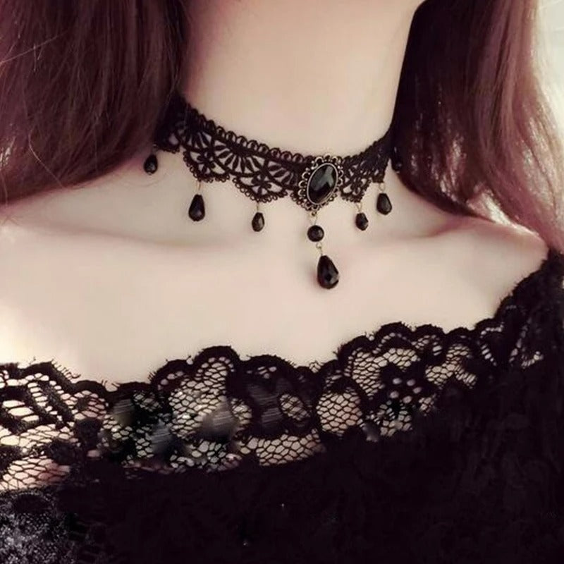 New Sexy Gothic Chokers Crystal Black Lace Neck Choker Necklace Vintage Victorian Women Choker Steampunk Jewelry