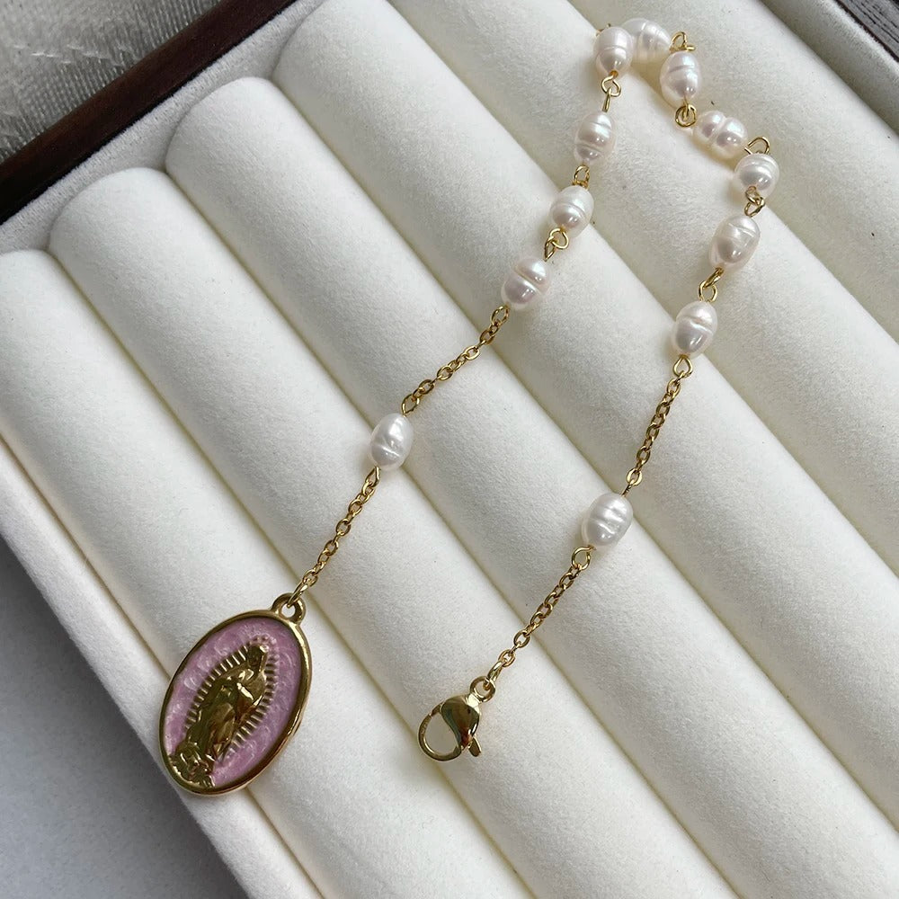 Natural Pearl Beads Rosary Bracelet with Virgin Mary Charm