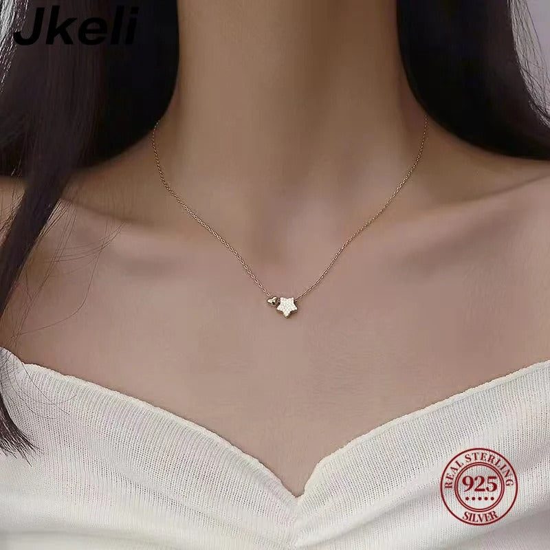 925 Sterling Silver Necklace Sweet Star Heart Pendant 18k Necklace For Women Wedding Statement Fine Jewelry