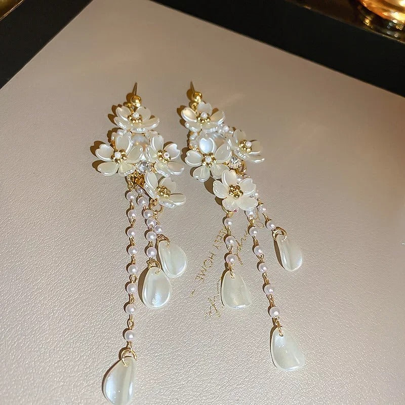 Pearl Tassel Flower Drop Earrings Women’s Romantic French Jewelry