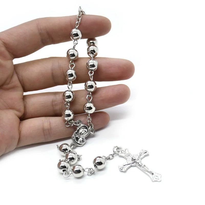 Silver Rosary Jesus Cross Bracelet Prayer Beads Religious Gift