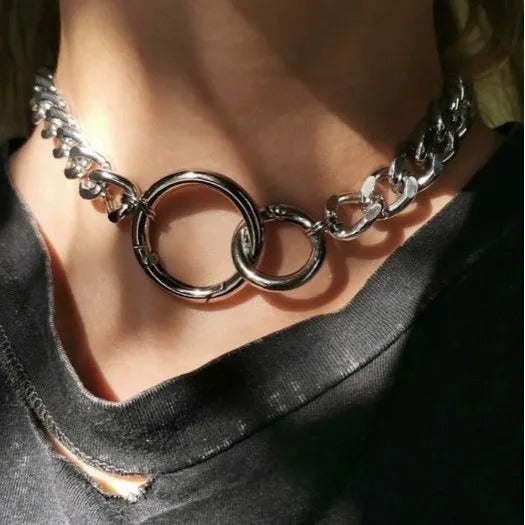 1 Pc Trendy Round Geometric Hollow Punk Personality Silver Color Heavy Chain Necklace Women Men Party Daily Gift Jewelry