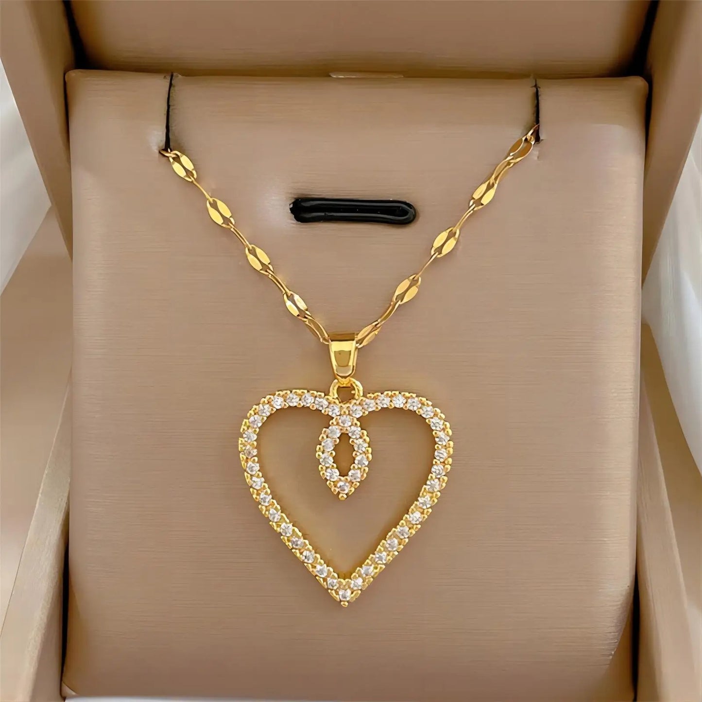 Trendy Heart Stainless Steel Zirconia Necklaces For Women Girls Love Gold Color Metal Necklace Party Daily Jewelry