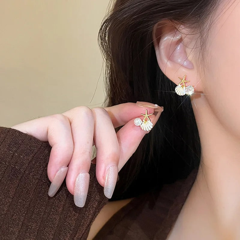 New Starfish Shell Imitation Pearl Enamel Asymmetric Stud Earrings For Women Girl Wedding Jewelry Lady Temperament Pendientes