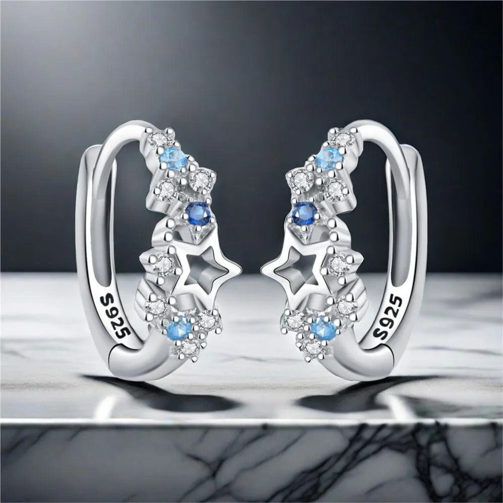 925 Sterling Silver Blue Star Hoop Earrings Women Party Gift