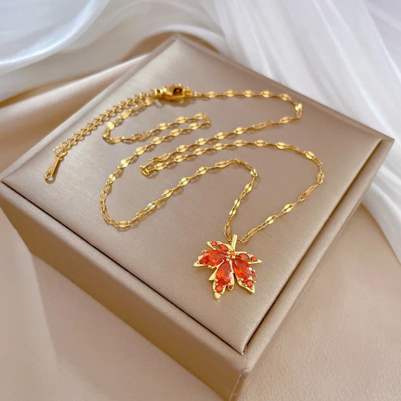 316L Stainless Steel Red Maple Leaf Crystal Pendant Necklace For Women Girl New Trend Clavicle Chain Jewelry Gift Party