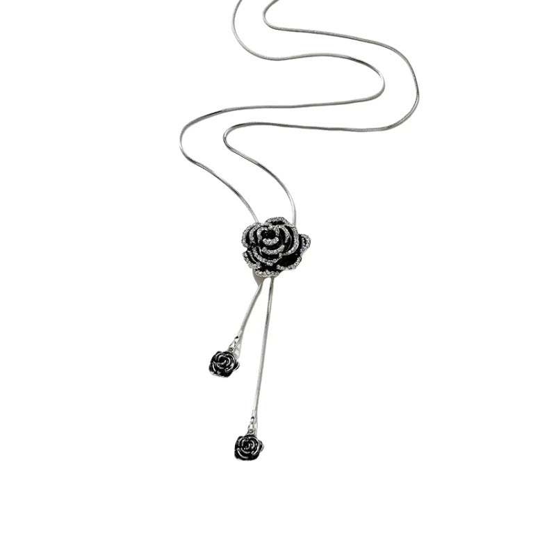 Fashion Black Rose Flower Long Necklace Sweater Chain Metal Crystal Pendant Necklaces Adjusted