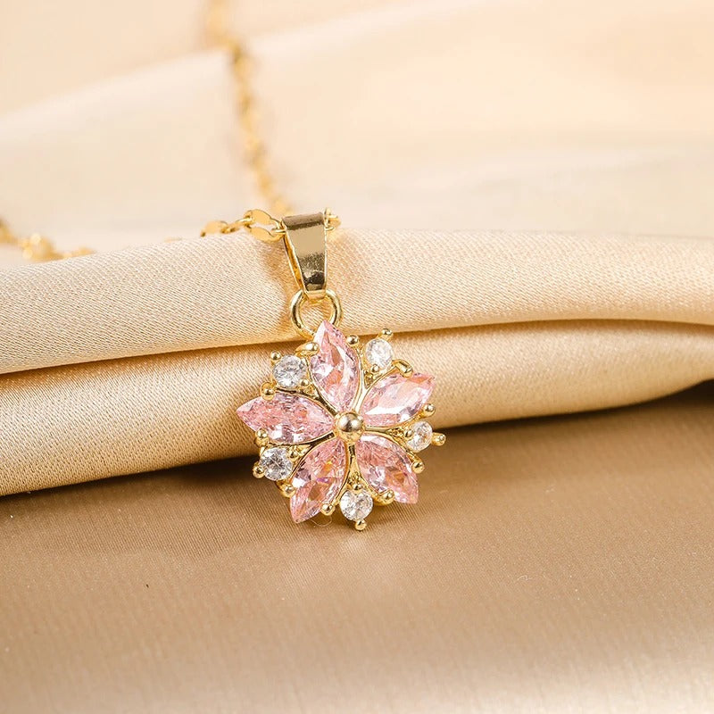 Pink Sakura Pendant Necklace Women Stainless Steel Korean Style