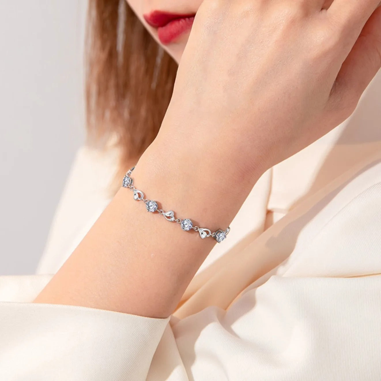 2pcs/set Sterling Silver Heart Bracelet Necklace Jewelry Set for Women Adjustable Charm Bracelet Luxury Party Jewelry
