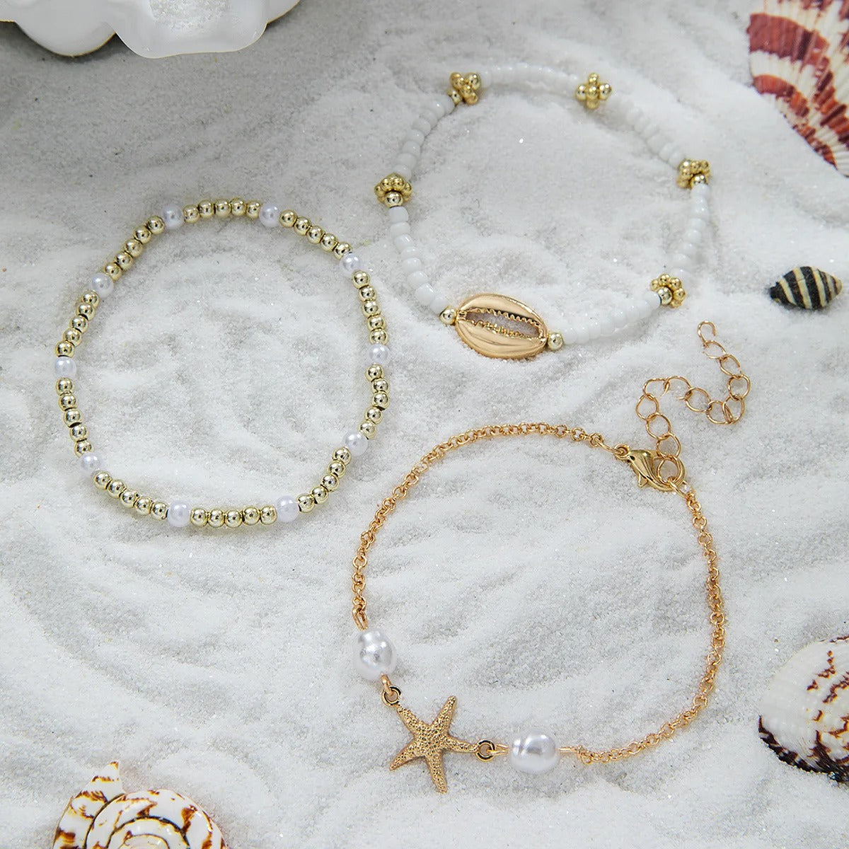 3-Pc Summer Shell Bracelet Set for Women Starfish & Pearl Beach Jewelry