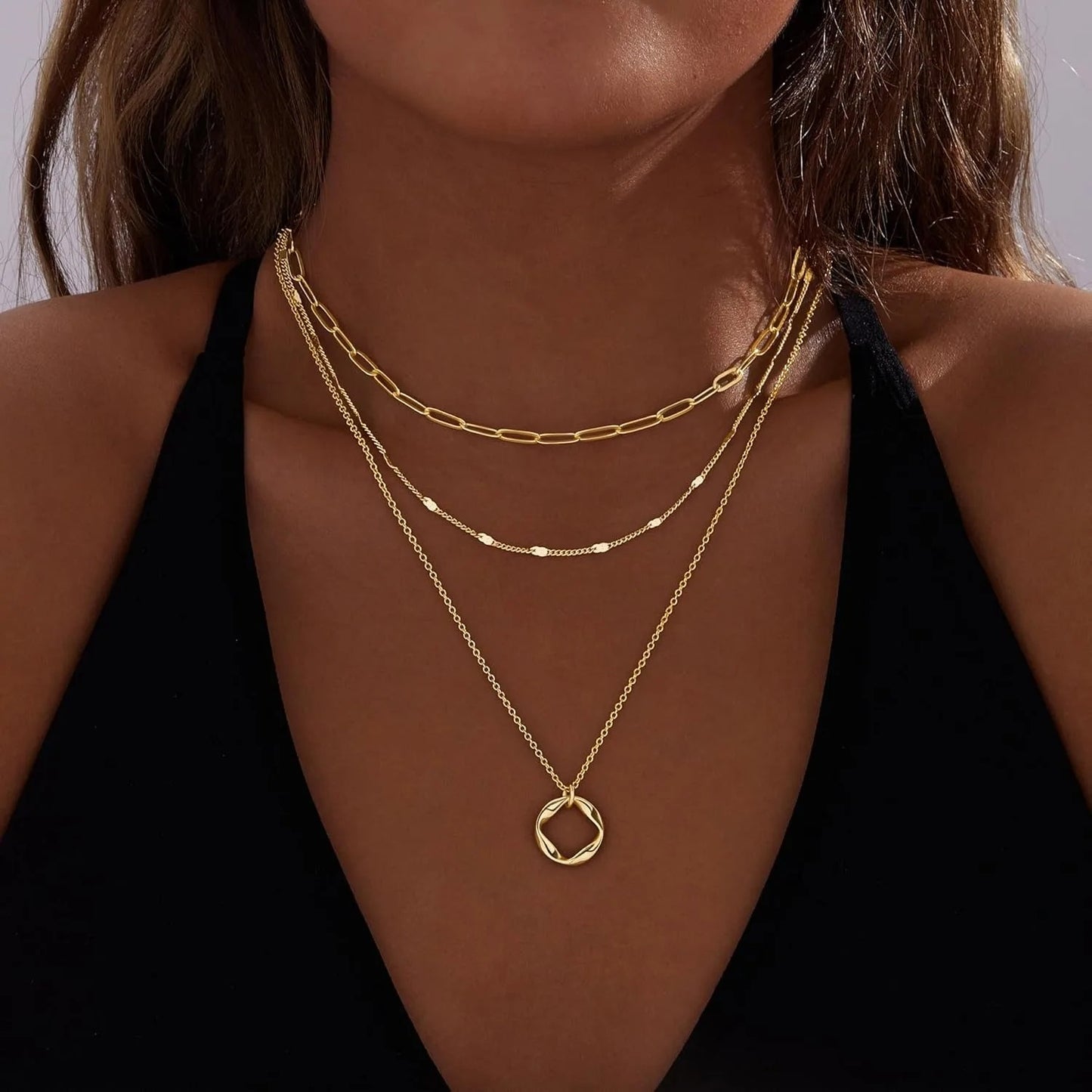 Layered Gold Necklaces for Women Stackable 14K Gold Silver Plated Circle Paperclip Chain Pendant Choker Necklace Set For Woman