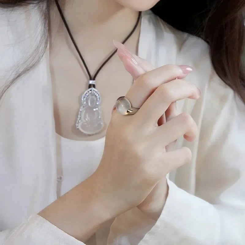 Gentle Style Glossy Natural Ice Chalcedony Rings for Women Translucent Light Luxury Round Bead Ring Minimalist Silver Jewelry