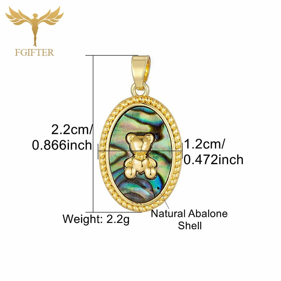 Cute Little Bear Natural Abalone Shell Oval Dangle Necklace Stainless Steel Copper Chain Temperament Jewelry Vacation Party Gift