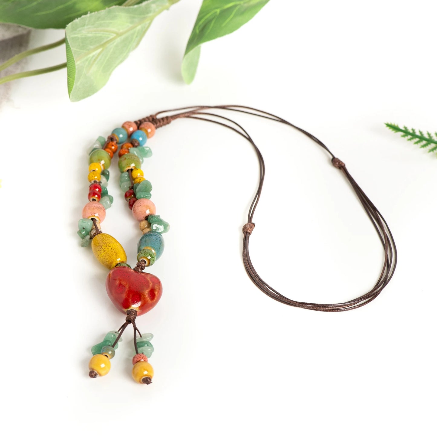 Heart Ceramic Necklace for Women Adjustable Handmade Boho Style Sweet Long Pendant Jewelry