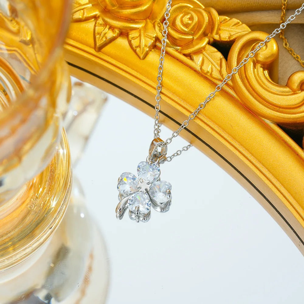Stainless Steel Chain Cute Zircon Four Leaf Clover Pendant Necklaces for Women Girls Lucky Jewelry Accessories Gifts for Friends