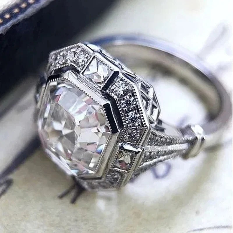 Elegant Silver CZ Wedding Ring Women’s Prong-Set Crystal Jewelry