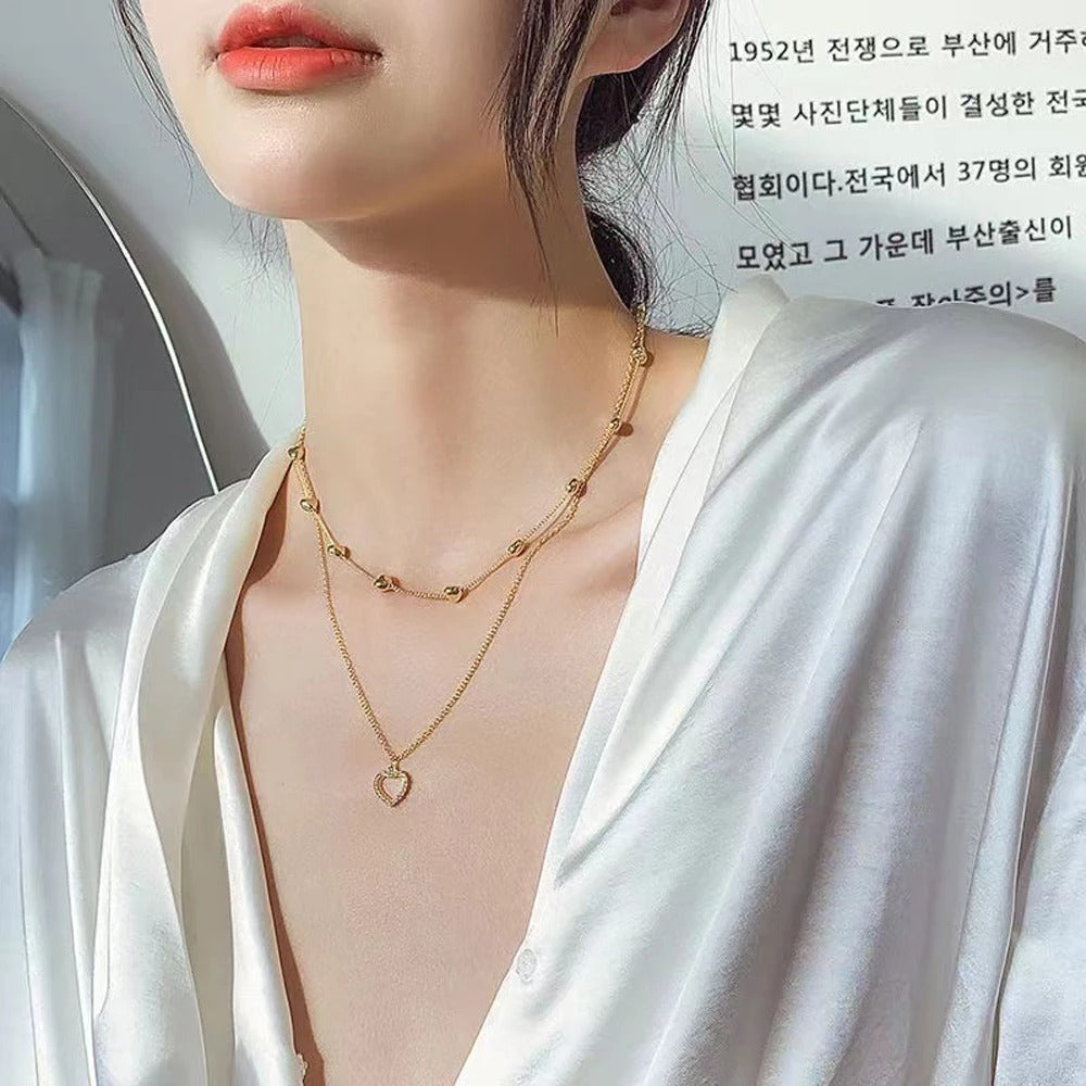 2025 New Gold Color Double Layer Heart Necklace Zircon For Women Clavicle Chain Elegant Charm Wedding Pendant Jewelry