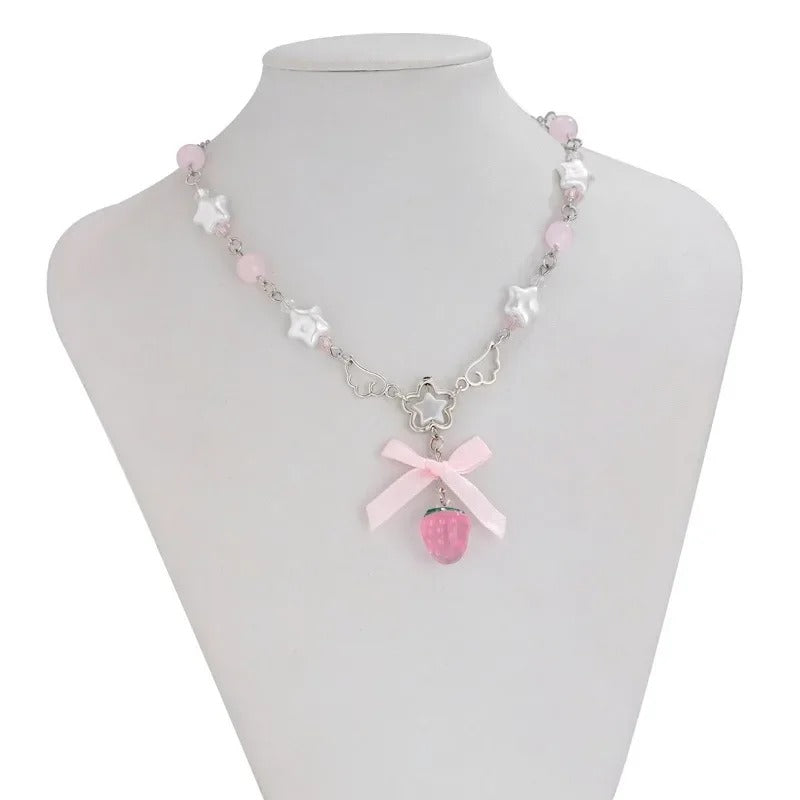 2025 New Cute Bowknot White Pentagram Pink Strawberry Pendant Choker Necklace Goth Vintage Y2K Girls Rave Jewelry Accessories