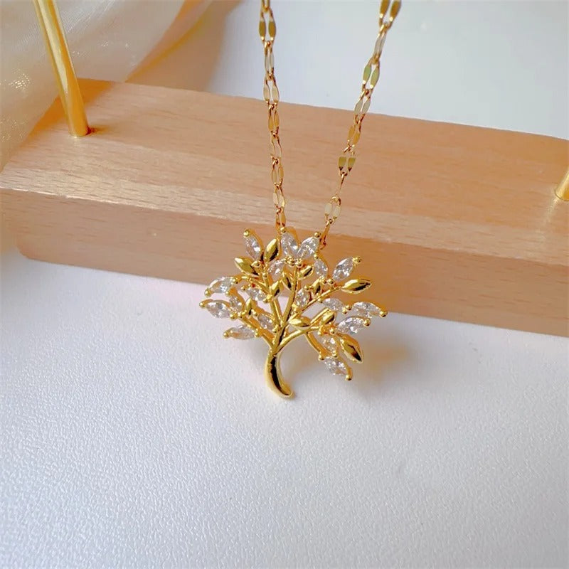 Fashionable and Gorgeous Micro Inlaid Stainless Steel Life Tree Necklace, Classic and Personalized Girl Party Lucky Gift